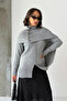 Women's Gray Buttoned Shawl Detailed Slit Premium Quality Knitwear Poncho Sweater