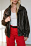 Dark Brown Stand Collar Bomber Leather Jacket - 5