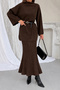 Women's Brown Belted Long Sweater and Openwork Lined Long Skirt Bottom-Top Two-Piece Knitwear Set - 2
