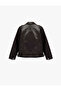 Long Sleeve Zippered Double Breasted Collar Faux Leather Jacket - 5