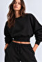 Black 3-Thread Crop Sweatshirt with Embroidered Belt