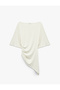 Slim Fit Asymmetrical Cut Boat Neck Draped Short Sleeve Blouse - 2