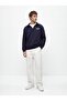 Regular Fit V-Neck Letter Printed Navy Blue Sweatshirt - 2