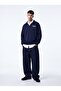 Regular Fit V-Neck Letter Printed Navy Blue Sweatshirt