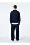 Regular Fit V-Neck Letter Printed Navy Blue Sweatshirt - 3