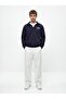 Regular Fit V-Neck Letter Printed Navy Blue Sweatshirt - 4