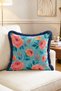 Turquoise Background with Pink Rose Pattern Fringed Decorative Throw Pillow Cover - 2