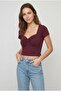 Burgundy Square Neck Front Gathered Short Sleeve Crop Blouse Slim Fit Casual Summer Stylish Top - 2