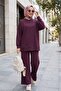 Pantsuit with Side Slits and Grass-Patterned Front - Plum