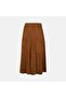Women's Tan Stitched Detailed Pleated Midi Suede Skirt