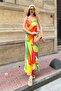 Natural Viscose Strap Chest Gathered Patterned Green Dress - 3