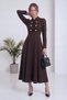 Women's Long Sleeve Flared Evening Dress High Neck Gold Button Detail Woven Purple, Brown, Black