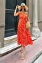 Strappy Double Breasted Patterned Long Orange Dress