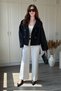 Black Trench Coat with Stand Collar, Buttons and Waist Tie - 5