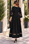 Timeless Elegance - Women's Tulle Stripe Sleeve Detailed Round Neck Long Crepe Dress - 4