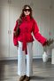 Red Trench Coat with Stand Collar, Buttons and Waist Tie - 7