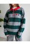 Women's Striped Polo Collar Heart Embroidered Oversize Knitwear Sweater