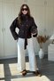 High Collar Buttoned Waist Tie Plum Trench Coat - 3