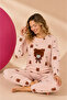 Waffle Knitted Long Sleeve Round Neck Cuff Detailed Embroidered Women's Pajama Set