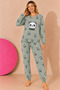 Waffle Knitted Long Sleeve Round Neck Cuff Detailed Embroidered Women's Pajama Set - 2