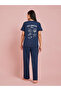 Navy Blue Graphic Print T-Shirt And Solid Straight Leg Pants Pyjama Set - 5