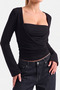 Black Square Neck Gathered Waist Fitted 97% Cotton Long Sleeve Blouse