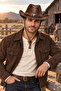 Men's Cowboy Hat Leather Look Metal Bull Figure Drawstring Western Hat - 4