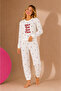 Waffle Knitted Long Sleeve Round Neck Cuff Detailed Embroidered Women's Pajama Set - 2