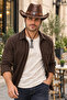 Men's Cowboy Hat Leather Look Metal Bull Figure Drawstring Western Hat - 5