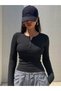 Ribbed Long Sleeve Henley Top - Black - 3
