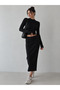 Black Ribbed Knitwear Skirt Blouse Set - 2Y4434