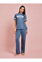 Blue Printed Short Sleeves T-Shirt And Solid Pants Pyjama Set