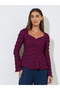 Burgundy Textured Sweetheart Neck Long Sleeve Peplum Top - 3