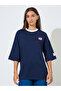 Navy Blue Solid Patchwork 3/4 Sleeves Oversized T-Shirt - 3