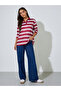 Burgundy Striped Long Sleeves Oversized Polo T-Shirt - 2