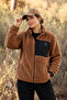 Women's Oversize Zippered 3-Pocket Welsoft Plush Fleece Brown Jacket - 3