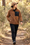 Women's Oversize Zippered 3-Pocket Welsoft Plush Fleece Brown Jacket - 8