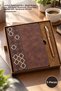 5-piece notebook and pen set – tan leather-textured box, metal rollerball pen, vip striped notebook, corporate teacher gift, notebook pen set