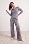 Blue Striped Double Layered Patchwork Knitted Pajama Set Thmaw27Pt00206