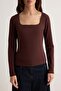 Kahverengi Pamuklu Kare Yaka Regular Fit Örme Bluz TWOAW24BZ00016 - 3