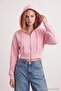 Pembe Fermuarlı Kapüşonlu Düşük Kol Kordonlu Super Crop Kalın Örme Hırka/Sweatshirt TWOAW27SW00076 - 2