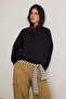 Black Thick Fleece Lined Hooded Drawstring Oversize Knitted Sweatshirt Twoaw27Sw00140