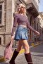 Mürdüm-Pembe Çizgili Fitted/Vücuda Oturan Uzun Kol Crop Örme T-Shirt TWOAW27TS00040 - 2