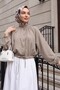 Hakim Collar Buttoned Diagonal Shirt with Elastic Waist and Sleeves - Mink