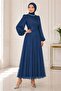 Women's Navy Blue Stone Collar Evening Dress t 6063 - 2