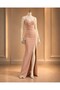 Scuba Fabric Chest Low-Cut and Slit Detailed Stone Design Strap Dress 582513 Powder - 3