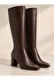 Pointed Toe Thick Heeled Side Zipper Below the Knee Women's Brown Leather Boots