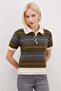 Striped Half Button Polo Collar Short Sleeve Knit Sweater - 7