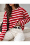 Women's Red Striped Crew Neck Long Sleeve Oversize T-Shirt – 100% Cotton