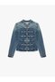 Buttoned Stand Collar Napoleon Closure Long Sleeve Denim Military Jacket - 7